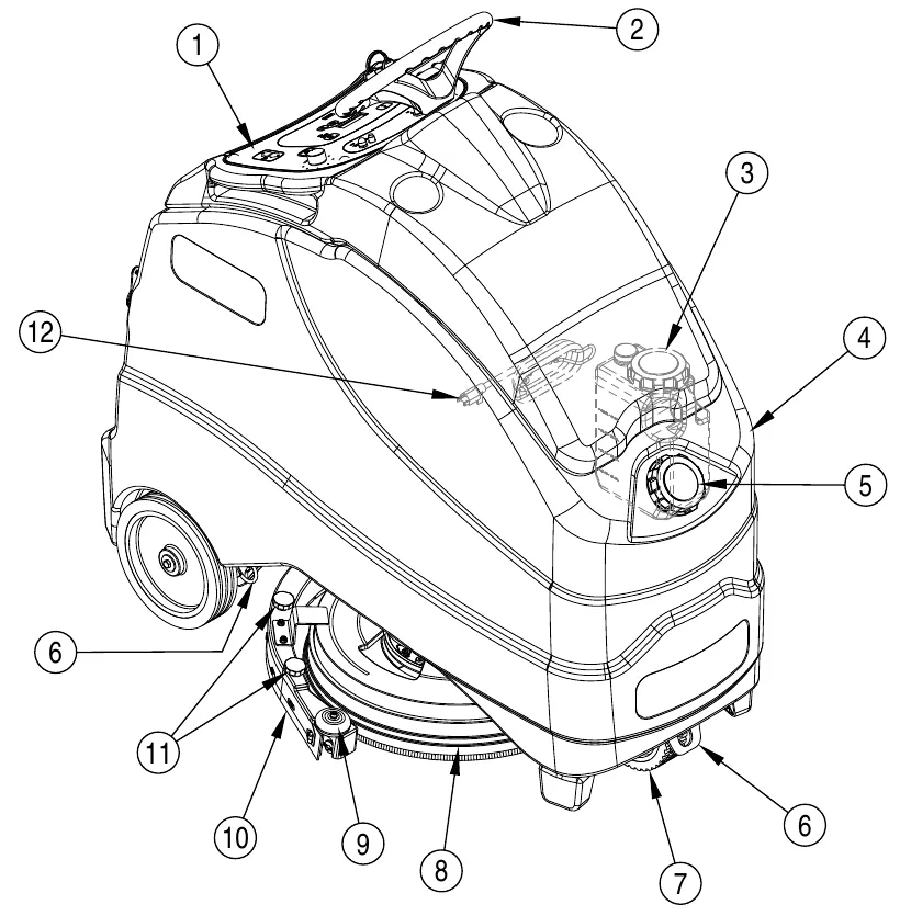 Front left view of the SC1500 with numbered callouts 1 to 12 pointing to the control panel, steering wheel, detergent cartridge, solution tank, solution tank fill cap, tie down locations (two), drive wheel, scrub deck, squeegee roller, squeegee assembly, squeegee cover knobs and on-board charger power cord