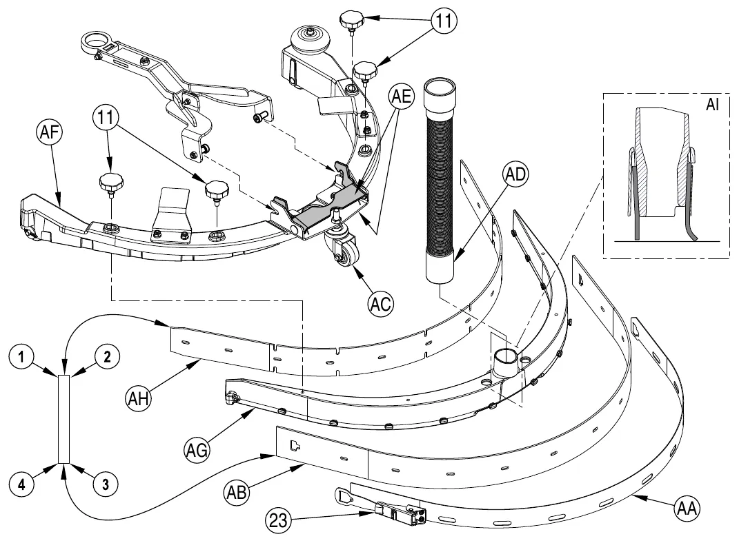 Exploded view of the squeegee: squeegee cover knobs (11), squeegee cover (AF), squeegee casting (AG), front blade (AH), rear blade (AB), tension strap (AA), rear blade removal latch (23), mount bracket (AE), squeegee hose (AD), rear caster wheel (AC), a cross section of the blade (AI), and a blade with its four working edges numbered 1 to 4