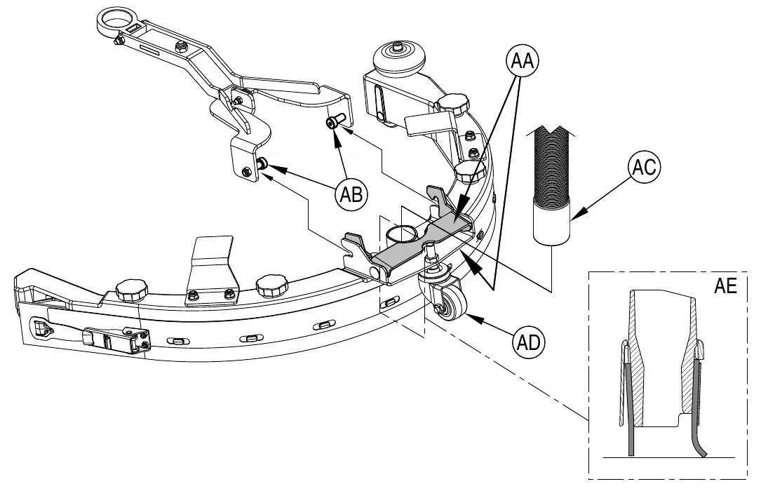 Exploded view of the squeegee showing the squeegee mount bracket (AA) over the deck arm pins (AB), the recovery hose (AC), the rear caster wheel (AD), and a cross section of the rear squeegee blade bent over on the floor (AE)
