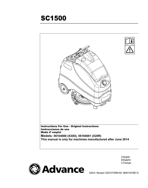 Advance SC1500 Operator Manual 56091120 Rev. 5/2014 revised 9/2018 REV F cover