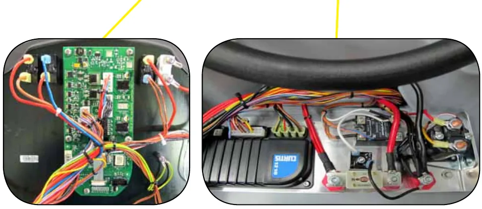 Two close-up photos: the A1 Control Board mounted on the interface panel, and the E1 Curtis 1210 Speed Controller inside the control panel