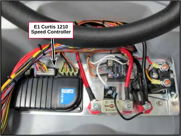 Photo inside the control panel assembly showing the E1 Curtis 1210 speed controller, a black module with a Curtis label, among the wiring and other components