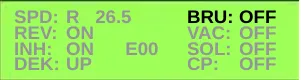 Service Test Mode display with the BRU line highlighted: BRU: OFF