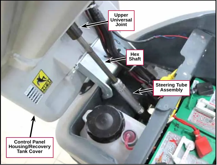 Photo of the open control panel housing and recovery tank cover showing the upper universal joint, hex shaft and steering tube assembly above the detergent cartridge and batteries. Labels: Upper Universal Joint, Hex Shaft, Steering Tube Assembly, Control Panel Housing/Recovery Tank Cover.