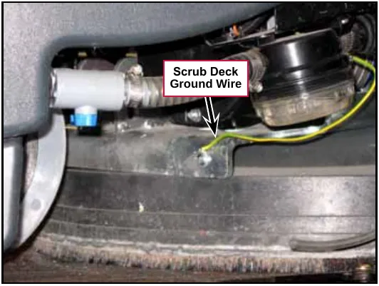 Green and yellow ground wire bolted to the scrub deck bracket beside the water filter. Label: Scrub Deck Ground Wire.