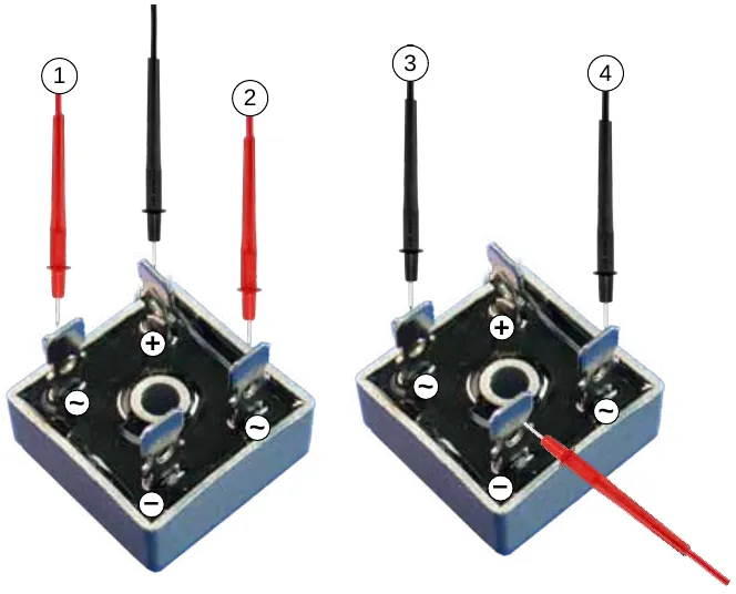 Two photos of the bridge rectifier for the forward bias test: negative lead on the positive terminal with the positive lead on AC terminals 1 and 2, and positive lead on the negative terminal with the negative lead on AC terminals 3 and 4