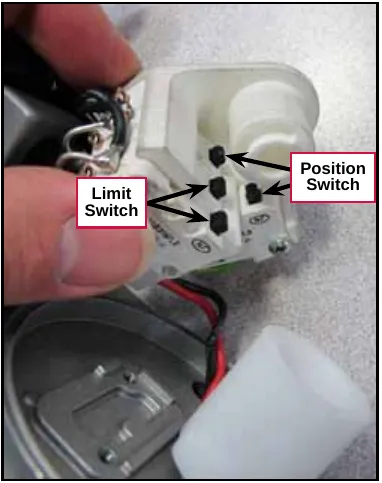 Photo of the deck actuator switch block with the Limit Switch (two arrows) and Position Switch (two arrows) labeled