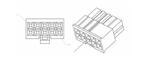 Connector illustration for J1: face view and three-quarter view