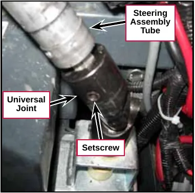 Photo of the steering assembly tube entering the lower universal joint, with the setscrew in the joint labeled