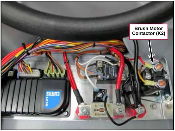 Photo of the control panel interior with the Brush Motor Contactor (K2) labeled