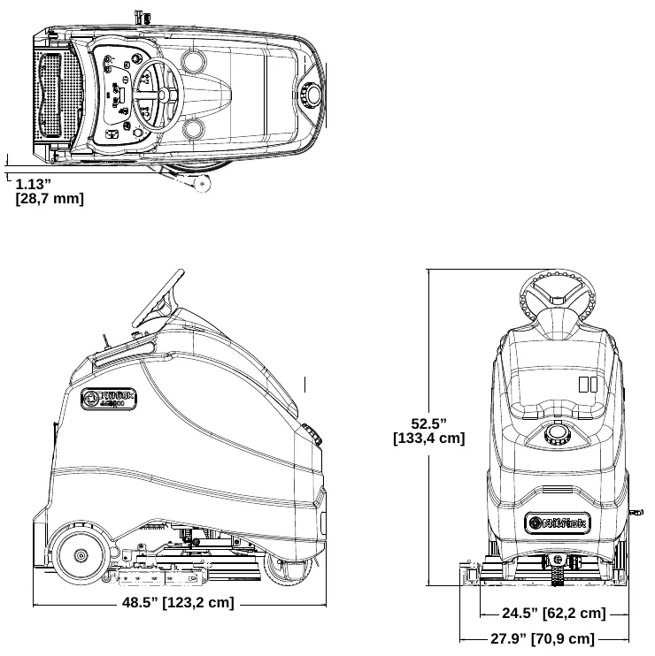Top, side and rear line drawings of the machine with its overall dimensions: 1.13 in (28.7 mm); length 48.5 in (123.2 cm); height 52.5 in (133.4 cm); widths 24.5 in (62.2 cm) and 27.9 in (70.9 cm)