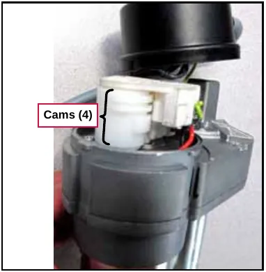 Photo of the inside of the deck actuator with the four Cams labeled (Cams (4))