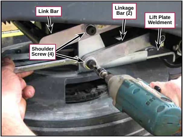 Impact driver removing a shoulder screw at the link bar while a wrench holds the nut. Labels: Link Bar, Linkage Bar (2), Lift Plate Weldment, Shoulder Screw (4).