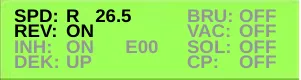 Service Test Mode display with the SPD and REV lines highlighted: SPD: R 26.5, REV: ON