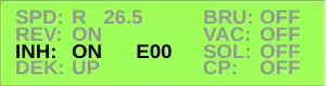 Service Test Mode display with the INH line highlighted: INH: ON, E00