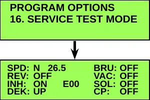 Menu screen 16. SERVICE TEST MODE with an arrow down to the Service Test Mode display: SPD: N 26.5, BRU: OFF, REV: OFF, VAC: OFF, INH: ON, E00, SOL: OFF, DEK: UP, CP: OFF