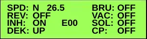 Service Test Mode display: SPD: N 26.5, BRU: OFF, REV: OFF, VAC: OFF, INH: ON, E00, SOL: OFF, DEK: UP, CP: OFF