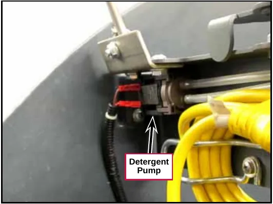 Photo of the detergent pump with its red wires and tubing at the front of the machine, beside the yellow power cord. Label: Detergent Pump.