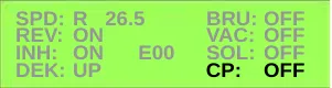 Service Test Mode display with the CP line highlighted: CP: OFF