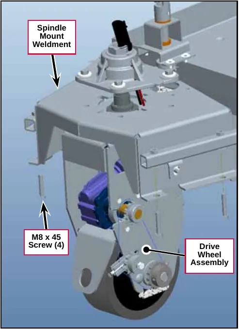 Drawing of the drive wheel assembly under the spindle mount weldment, with the four M8 x 45 screws labeled