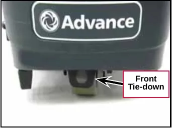 Photo of the front tie-down point under the front of the machine below the Advance logo, labeled Front Tie-down