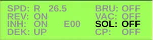Service Test Mode display with the SOL line highlighted: SOL: OFF