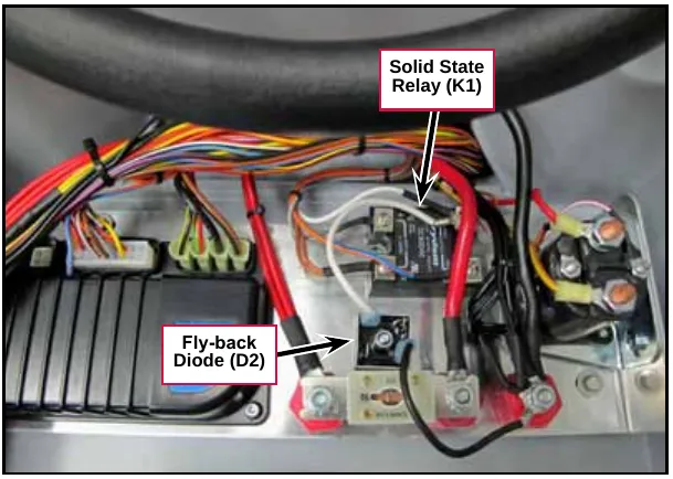 Photo of the control panel interior with the Solid State Relay (K1) and the Fly-back Diode (D2) labeled