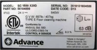 Photo of the machine nameplate label: model SC 1500 X20D, part number 56104000, 24 volts, 840 W, gross vehicle weight 897 lb / 407 kg, maximum slope 8.3 percent, 63 dB sound level, with serial number and date code D13