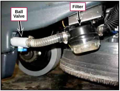 Photo of the solution line under the machine with the Ball Valve and the Filter labeled
