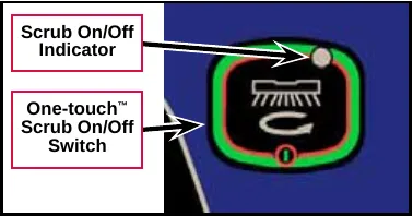 Photo of the one-touch scrub on/off switch with a brush symbol, with the scrub on/off indicator light at its upper right