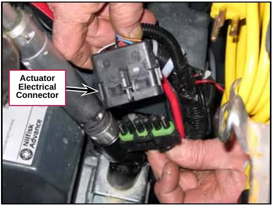 Photo of the actuator electrical connector being unplugged, with the Actuator Electrical Connector labeled
