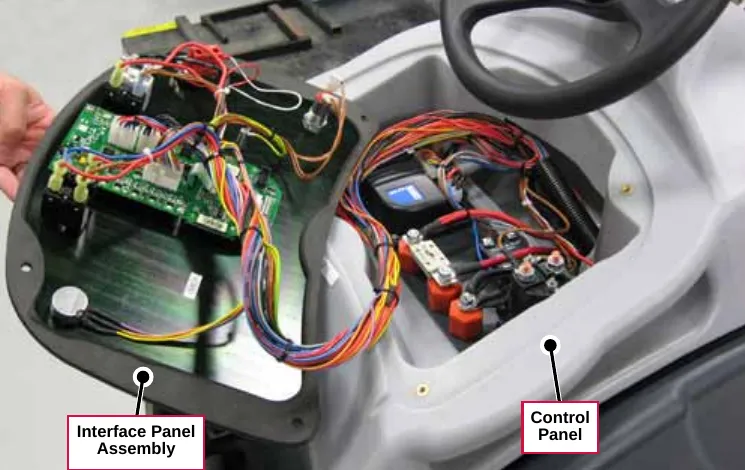 Photo of the interface panel assembly lifted out of the control panel, with the Interface Panel Assembly and Control Panel labeled