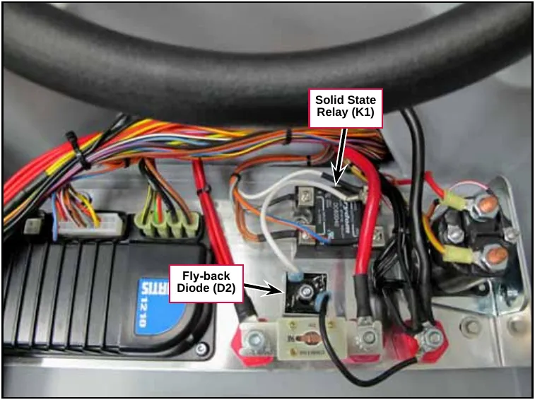 Photo of the control panel with the Solid State Relay (K1) and Fly-back Diode (D2) labeled