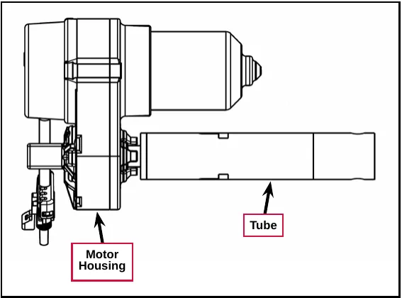 Side view drawing of the scrub deck actuator with the motor housing at left and the tube extending to the right. Labels: Motor Housing, Tube.