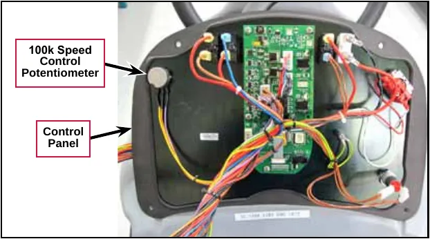 Photo of the open control panel showing the 100k speed control potentiometer at the upper left of the panel and the control board in the middle