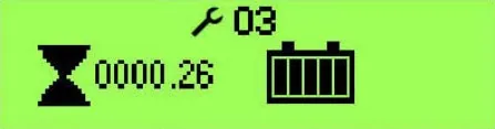 Information screen showing a wrench icon with fault code 03, an hourglass with the hour meter reading 0000.26, and a battery icon