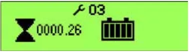 Graphic display showing a wrench icon and the fault number 03, an hourglass with 0000.26 and a battery symbol