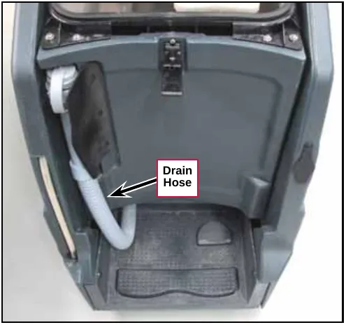 Photo of the rear of the machine with the Drain Hose labeled