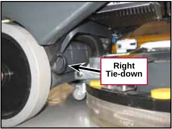Photo of the right tie-down point beside the right rear wheel, labeled Right Tie-down