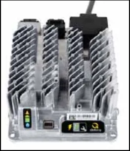 Delta-Q on-board battery charger, a finned aluminum unit with LED indicators on the front