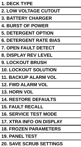 The main menu list: 1. Deck Type through 20. Save Scrub Settings