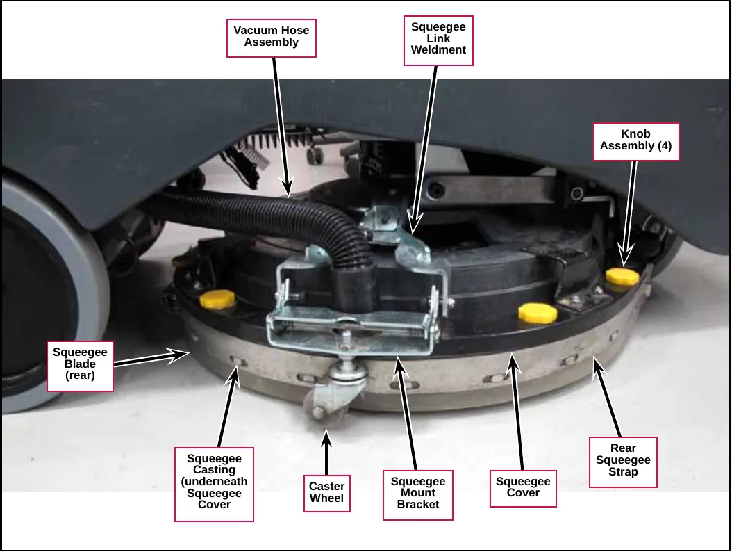 Photo of the squeegee assembly mounted on the scrub deck with labels on each part. Labels: Vacuum Hose Assembly, Squeegee Link Weldment, Knob Assembly (4), Squeegee Blade (rear), Squeegee Casting (underneath Squeegee Cover), Caster Wheel, Squeegee Mount Bracket, Squeegee Cover, Rear Squeegee Strap.