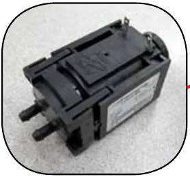 Close-up photo of the detergent pump, a black box-shaped pump with two barbed fittings.