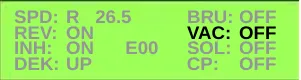 Service Test Mode display with the VAC line highlighted: VAC: OFF