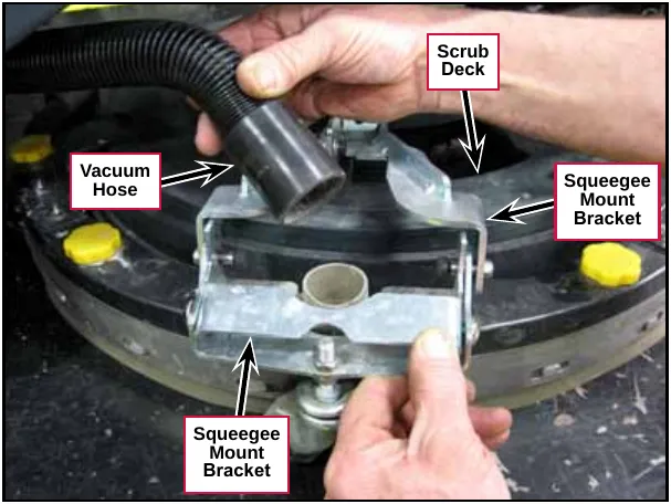 Hands holding the squeegee mount bracket on the scrub deck, with the vacuum hose being pulled off. Labels: Scrub Deck, Vacuum Hose, Squeegee Mount Bracket (two arrows).