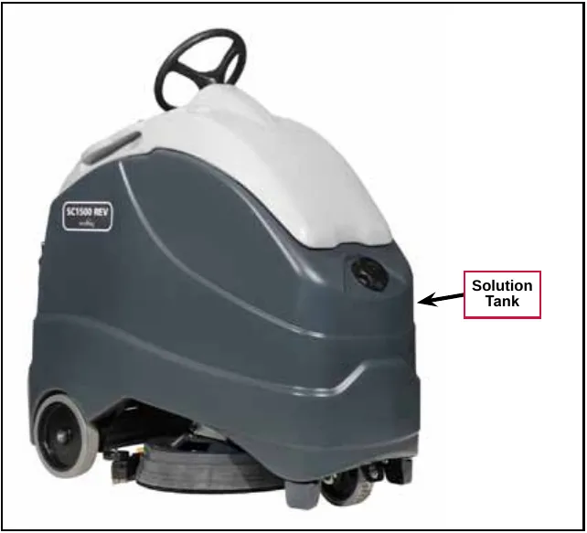 The SC1500 REV machine seen from the front right, with an arrow pointing to the solution tank. Label: Solution Tank.