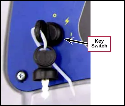 Photo of the key switch on the blue control panel, labeled Key Switch