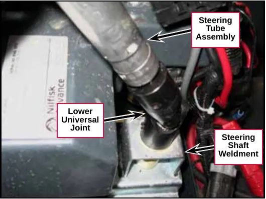 Photo of the lower end of the steering tube assembly joined to the lower universal joint above the steering shaft weldment. Labels: Steering Tube Assembly, Lower Universal Joint, Steering Shaft Weldment.