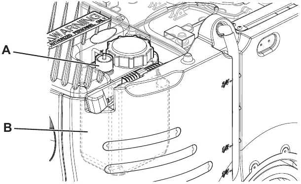 Detergent tank installed on the machine with callouts: cap A on top and detergent tank B