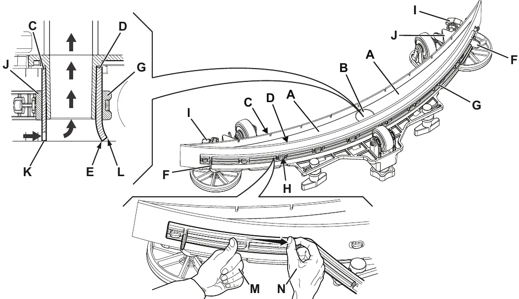 Squeegee assembly with letter callouts A to N: compartments and vacuum hole, front and rear blades, elastic strap and fasteners, handwheels and strap, a cross-section of the blade lips, and two hands fitting the elastic strap